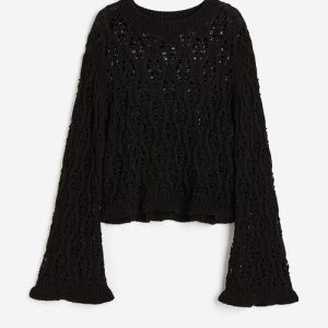 Frill-trimmed pointelle-knit jumper - black