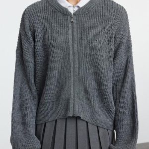 Anthracite bomber collar zippered cardigan